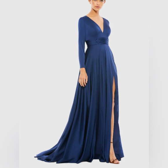 New FOR MAC DUGGAL Navy Long Sleeve Ruched Waist A-Line Gown – 55245 – Size 8 - Picture 1 of 8